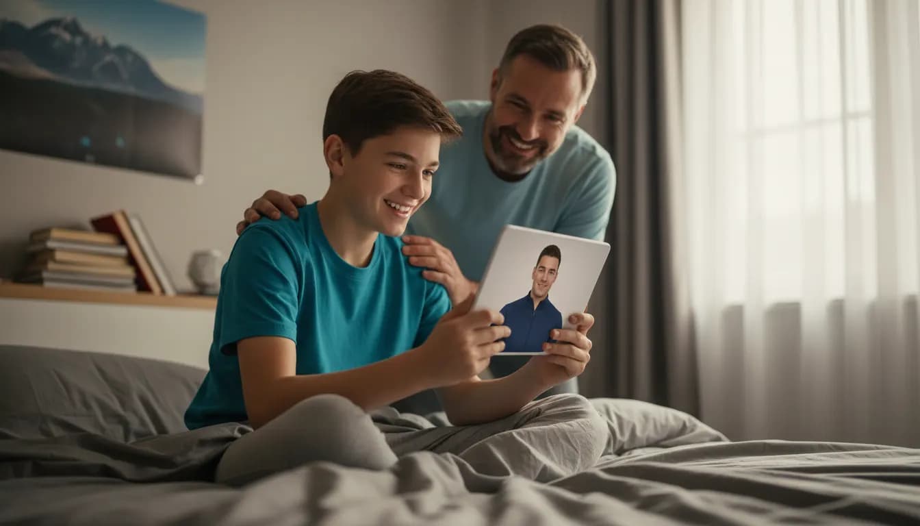 A teenager and his father beaming on a video call with a professional athlete