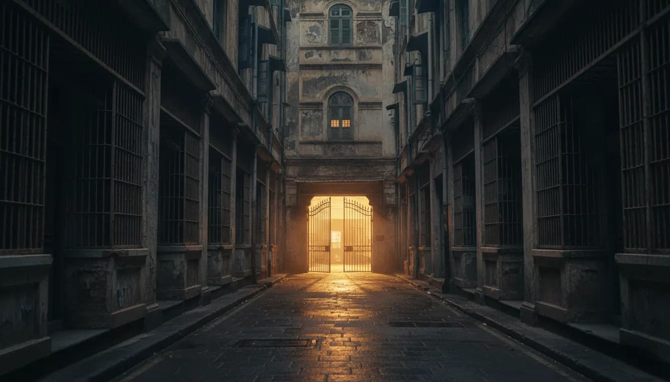 An empty lane of barred, cage-like doorways at dusk, one gate standing open with warm light pouring out