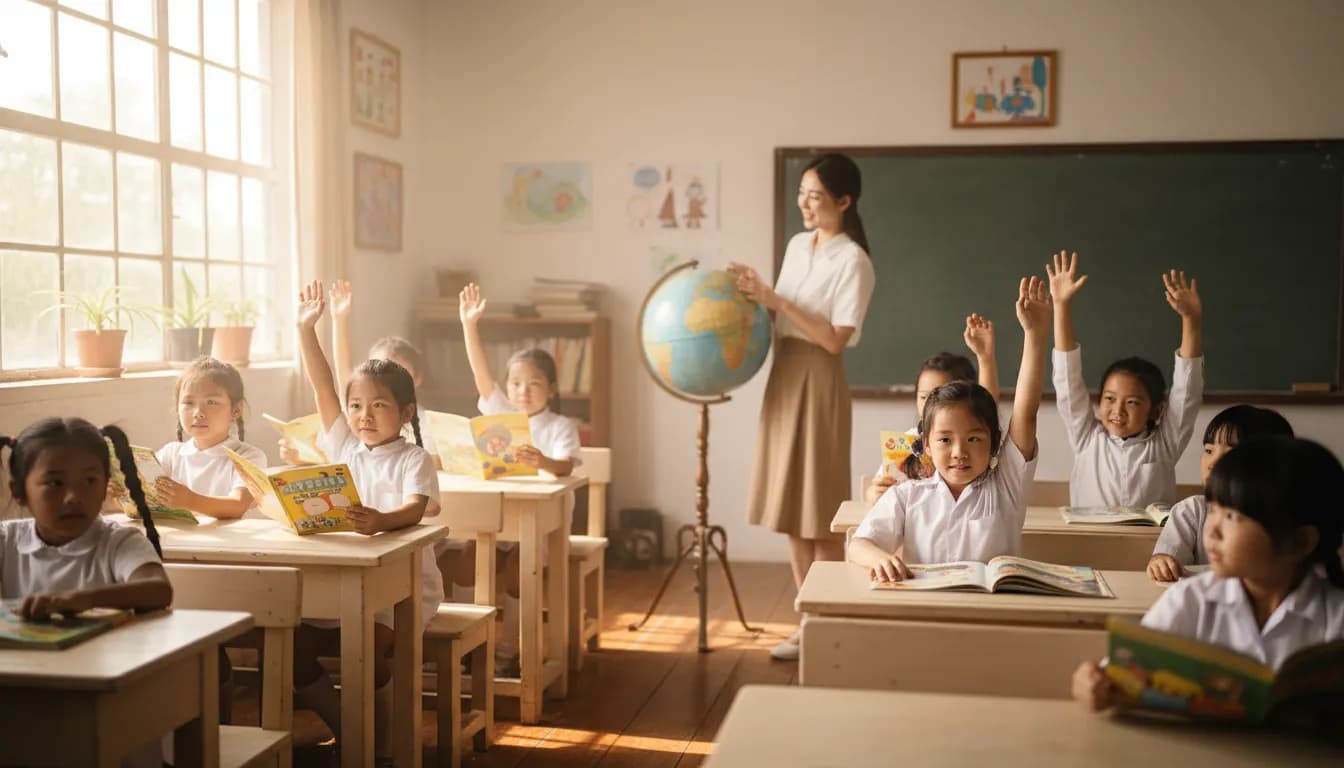 Schoolchildren raising their hands in a bright village classroom