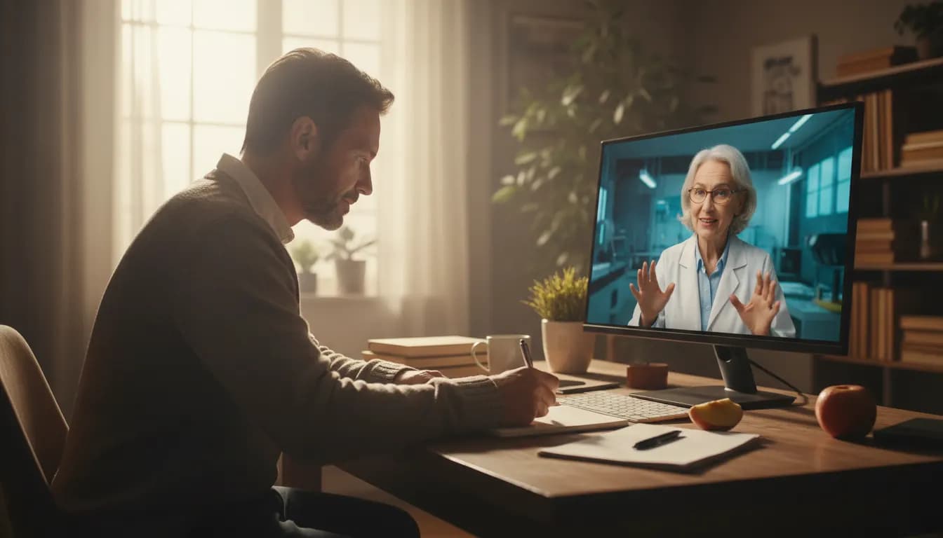 A man taking notes on a video call with a scientist