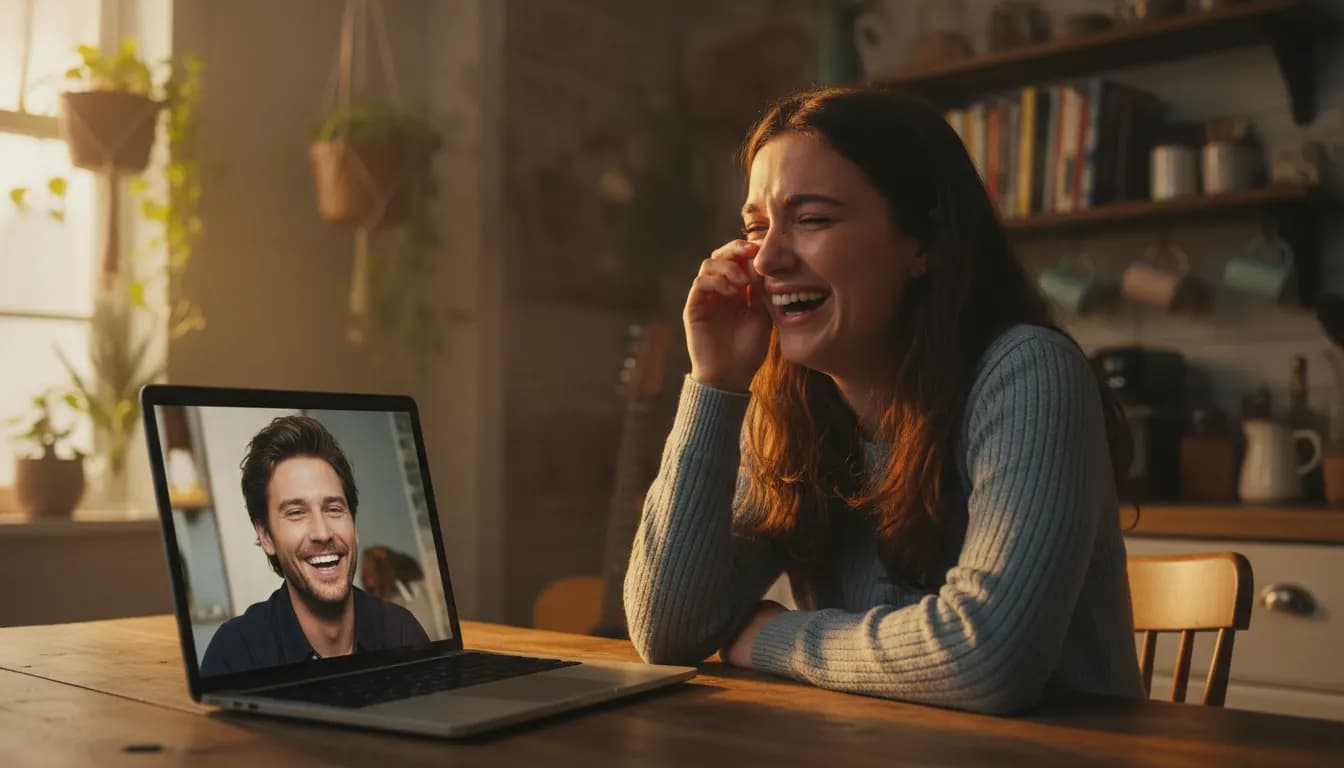 A woman laughing with joy on a video call with a singer she admires